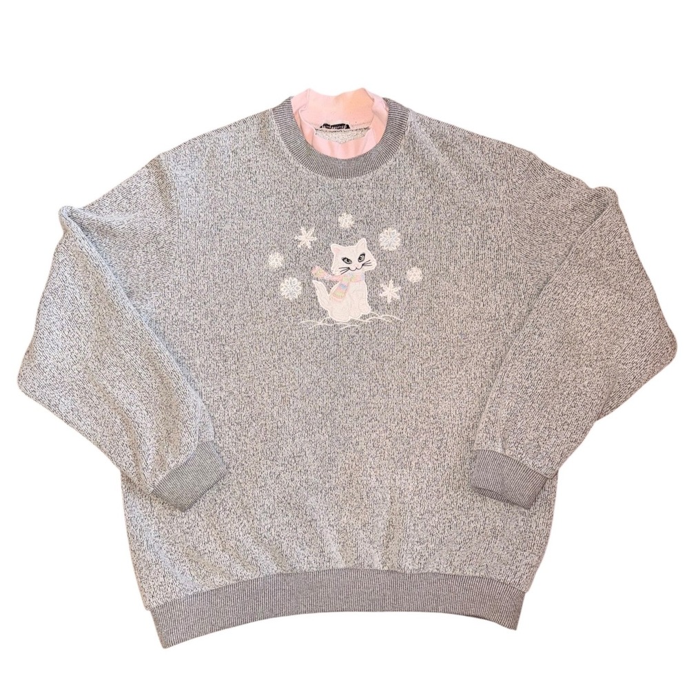 BonWorth Vintage Gray Marl Pink Mock Neck Cat Snowflake Embroidered Sweatshirt